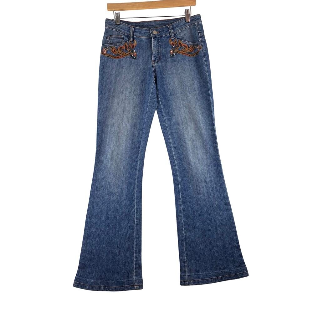 Boston Proper Flare Jeans Women 2 Embroidered Hippi Embellished Beaded Turquoise